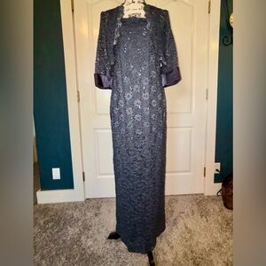 R&M Richards Charcoal Lace Maxi Dress with Satin Cuffs “Mother of the Bride”